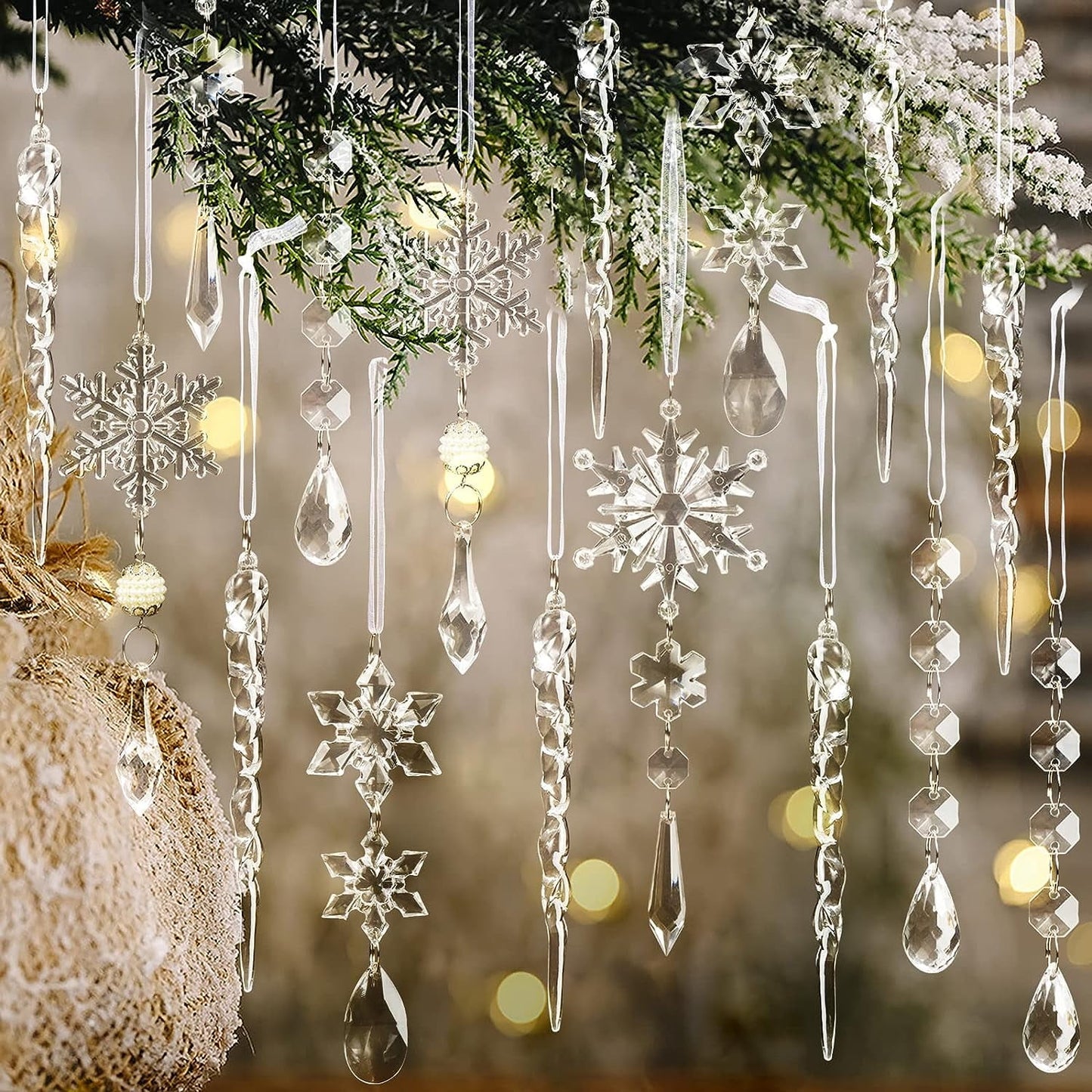TETOU 20Pcs Christmas Decoration Crystal Ornaments, Hanging Acrylic Christmas Snowflake Icicle Drop Crystal Ornaments for Christmas Tree Winter New Year Party Decoration