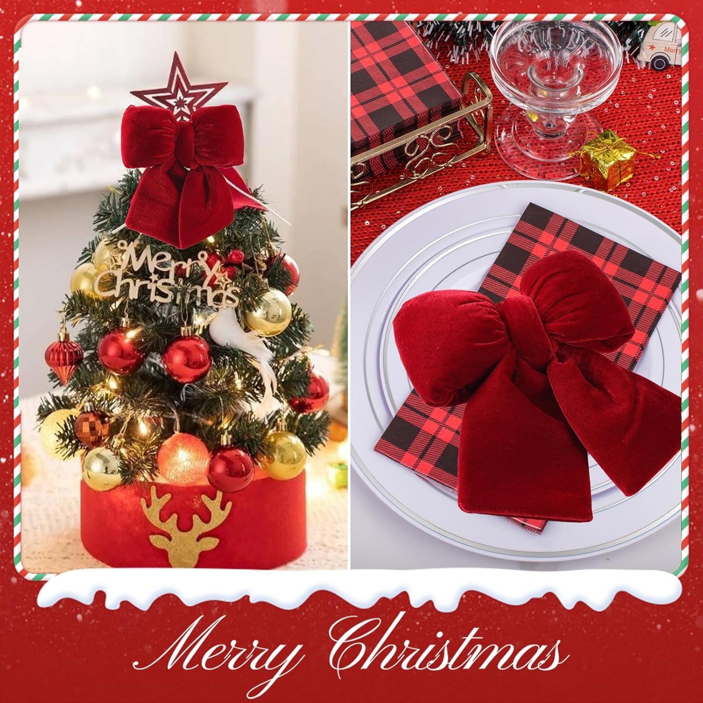 TETOU 1pc Christmas Tree Bows,7.08 * 9.05inches Red Velvet Bow Xmas Tree Topper for Christmas Wreath Garland Gift Wrapping Crafts Wedding Party Decoration