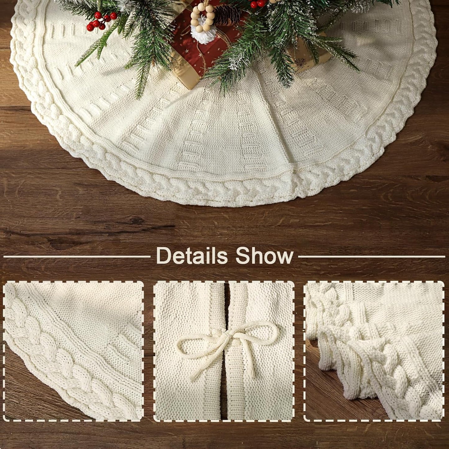 TETOU 36In Knitted Christmas Tree Skirt, Cream White Tree Skirt, Braided Cable Knit Thick Rustic Christmas Tree Decorations, Farmhouse Christmas Decor Xmas Holiday Home Party Decorations