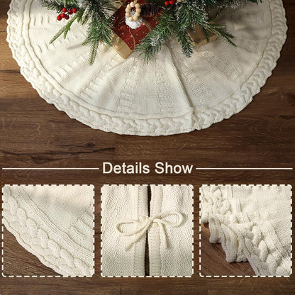 TETOU 36In Knitted Christmas Tree Skirt, Cream White Tree Skirt, Braided Cable Knit Thick Rustic Christmas Tree Decorations, Farmhouse Christmas Decor Xmas Holiday Home Party Decorations