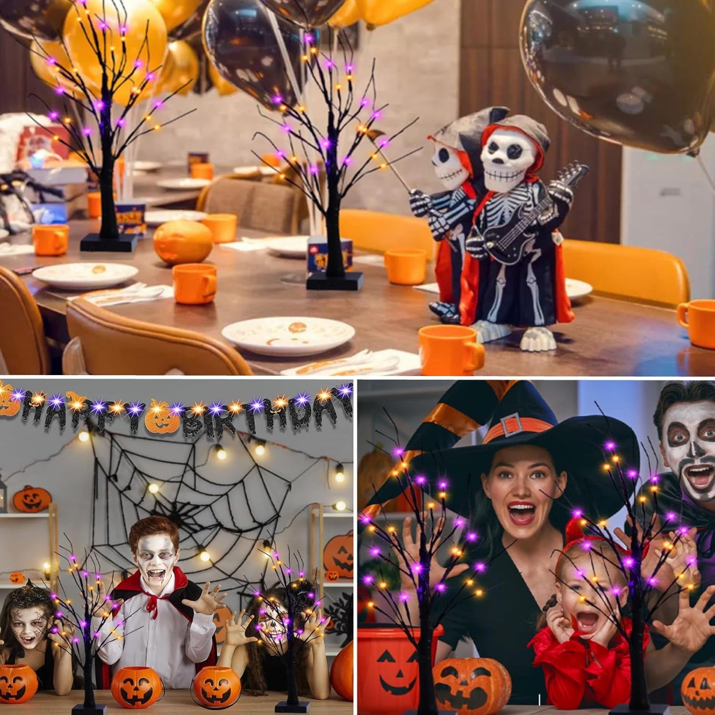 TETOU 2pcs-24'' Halloween Lighted Birches Tree,Total 24 LED Battery Operated Artificial Black Spooky Tree with Timer Halloween Decoration for Fall Home Bedroom Wedding Indoor Party-Orange Purple
