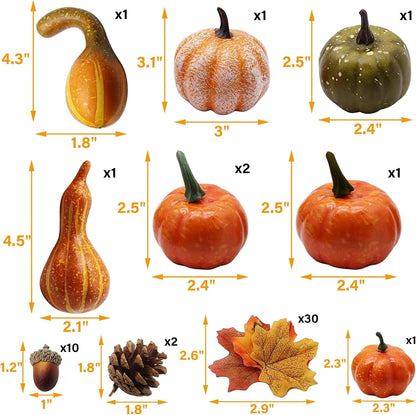 TETOU 50pcs Fall Pumpkins Decor Set,Mini Artificial Pumpkins Fall Leaves Cones Acorns Decorations for Halloween Thanksgiving Home Autumn  Harvest Farmhouse Table Decor
