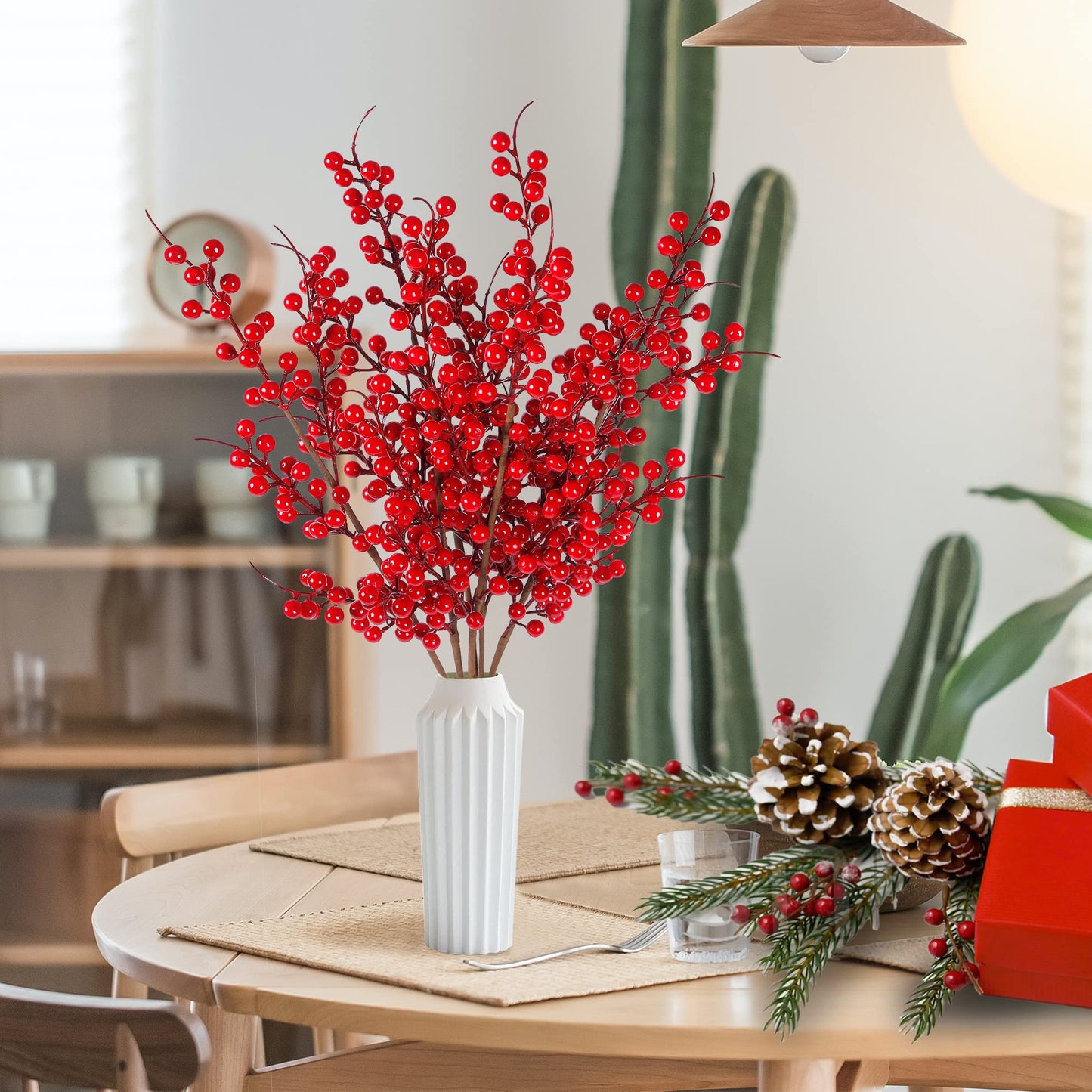 TETOU 6pcs Christmas Berry Stems Artificial Red Berries Holly Branches 24.4in Floral Arrangements Christmas Tree Decor