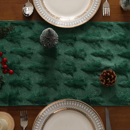 TETOU Christmas Tree Jacquard Table Runner 13x72 Inch Soft Plush Faux Fur Table Decoration for Christmas Home Party - Green