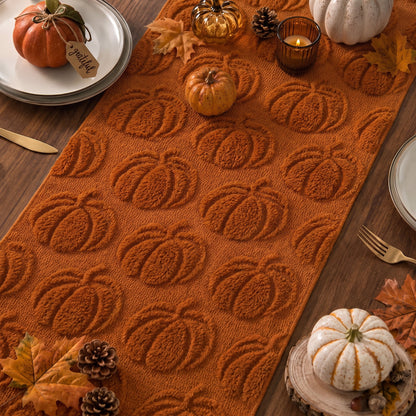 TETOU Fall Table Runner,13x72 Inch Pumpkin Jacquard Soft Plush Faux Fur Table Runner for Fall Farmhouse Home Halloween Thanksgiving Party Decoration(Rust Red)