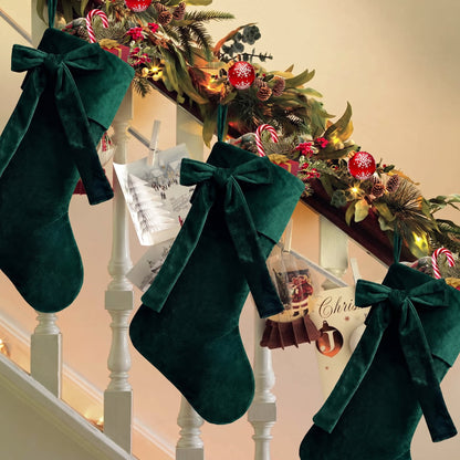 TETOU 18.9" Velvet Christmas Stockings, Extra Thick Large Bow Velvet Christmas Stockings for Fireplace Family Holiday Christmas Gifts Party Decorations(Green)