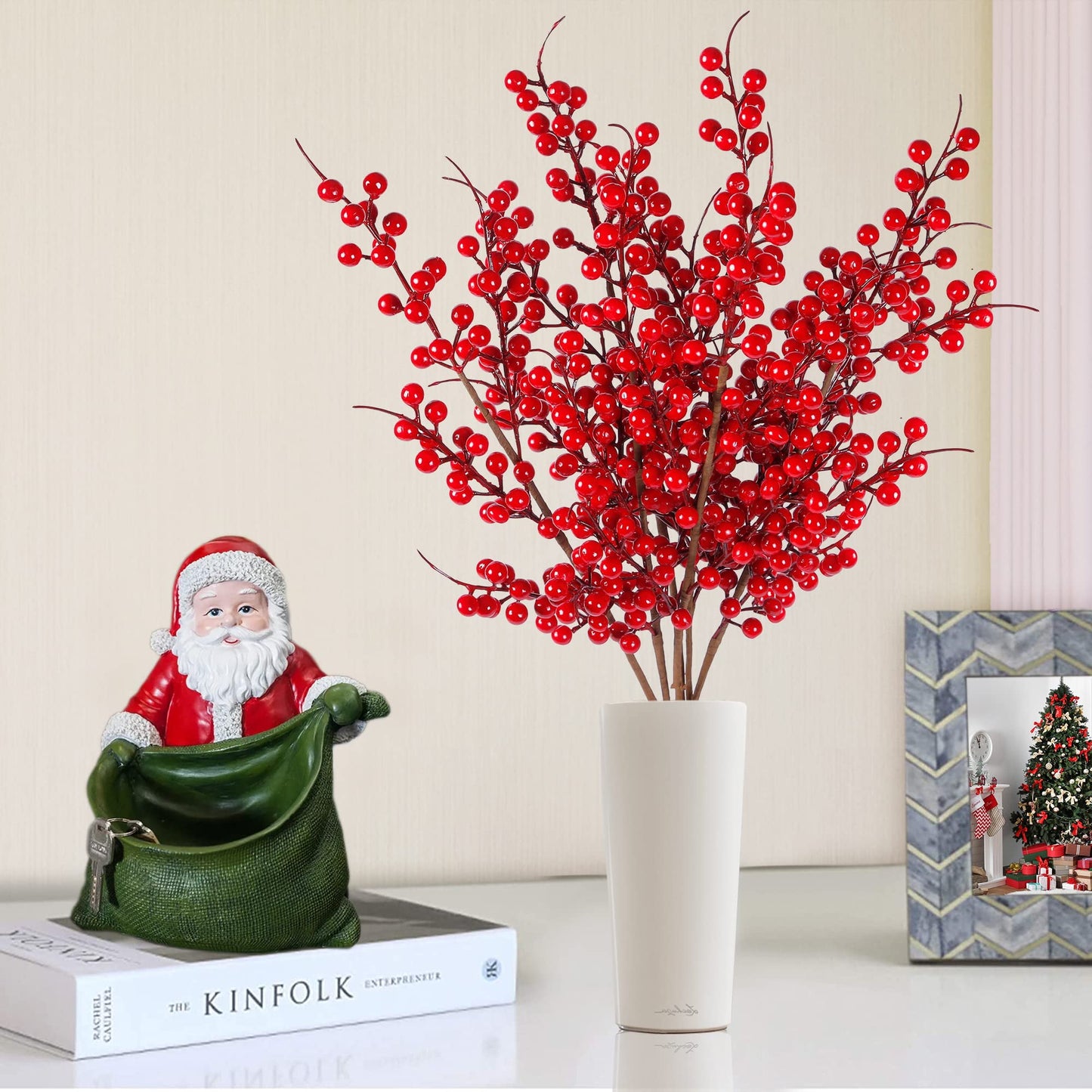 TETOU 6pcs Christmas Berry Stems Artificial Red Berries Holly Branches 24.4in Floral Arrangements Christmas Tree Decor