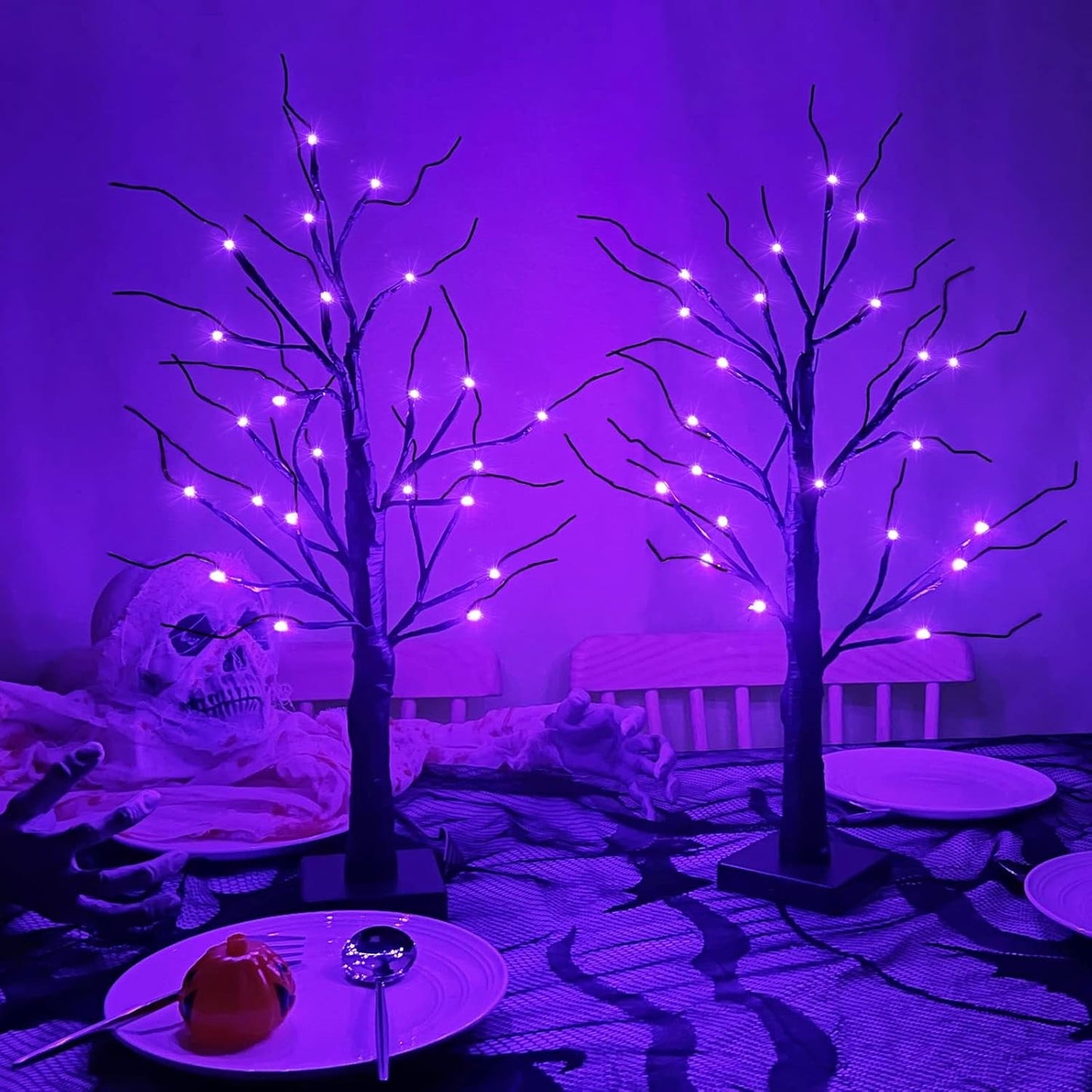 TETOU 2pcs-24inch Halloween Lighted Birches Tree,Total 24 LED Battery Operated Artificial Black Spooky Tree with Timer Hallowe'en Decoration for Fall Home,Bedroom,Office,Wedding,Indoor Party-Purple