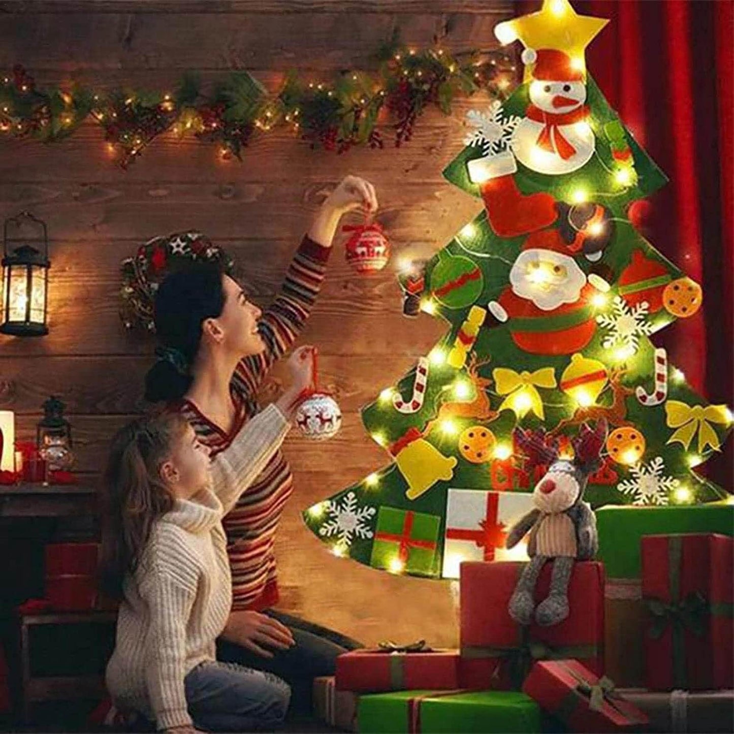 TETOU 3.2Ft Felt Christmas Tree for Toddlers,Felt Xmas Tree Set with String Lights, Christmas Decorations Indoor Wall Hanging Kids Gift