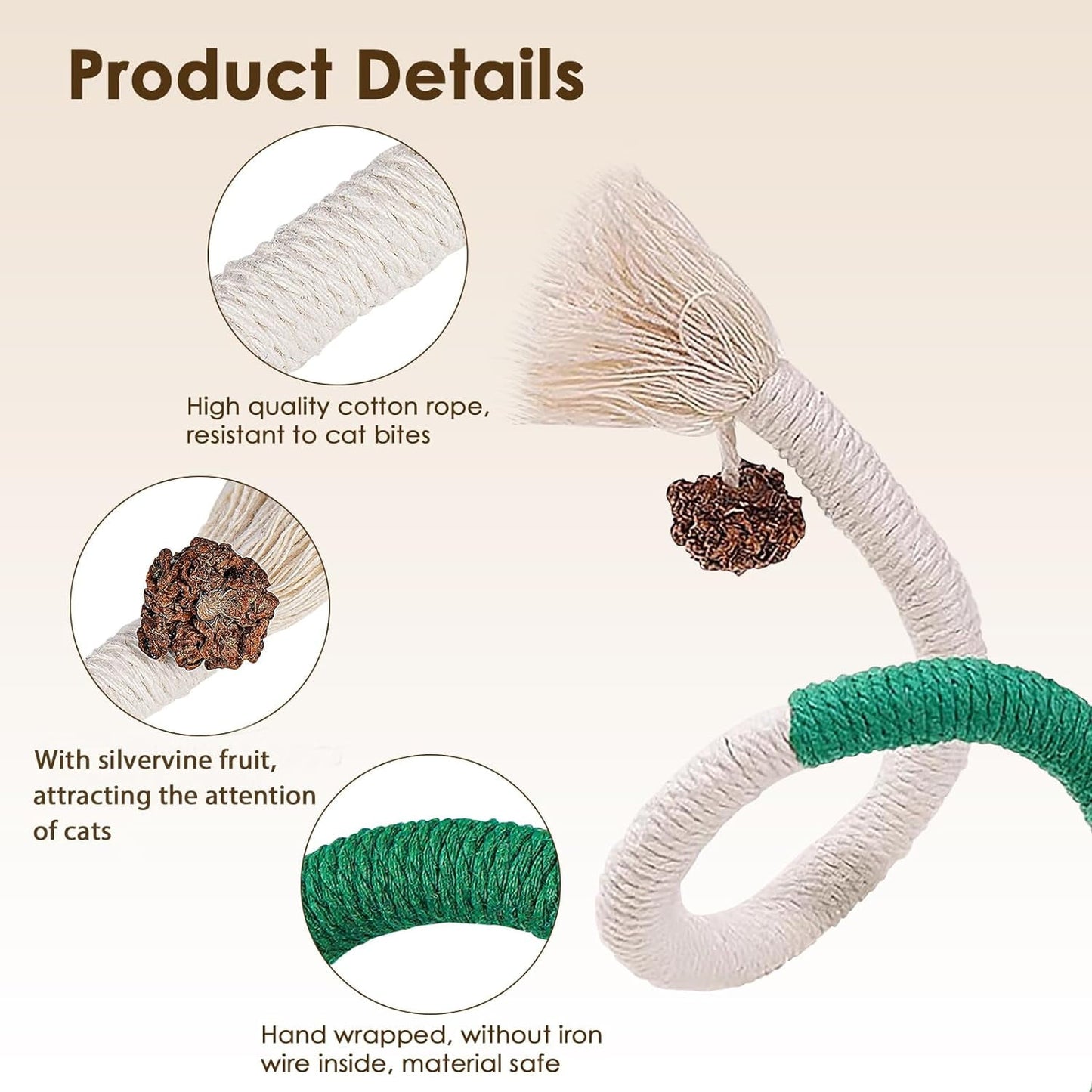 TETOU 3pcs Cotton Rope Cat Toys, Handmade Pet Chew Interactive Teething Catnip Rope Toys for Indoor Cats Teeth Cleaning