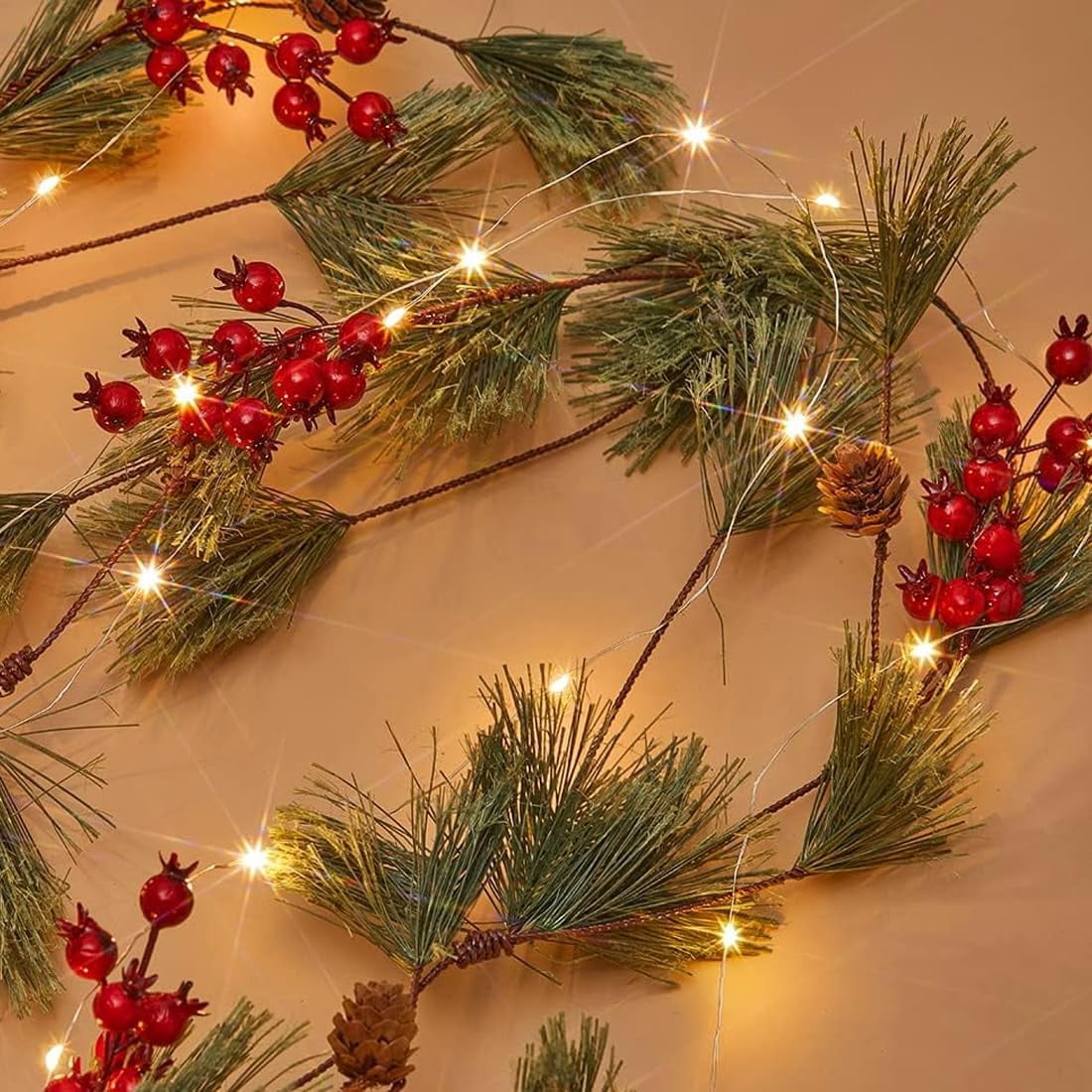 TETOU 5.9FT Christmas Garland Artificial Norfolk Smokey Pine Red Berry Garland with Lights Home Fireplace Decor