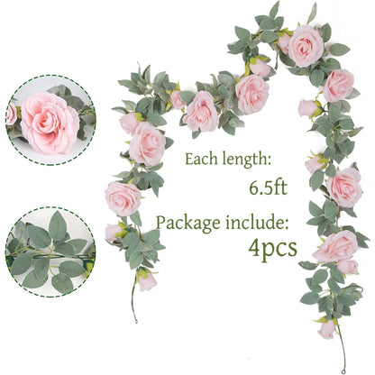 TETOU 4pcs Flower Garland, Faux Artificial Floral Garland Fake Rose Hanging Vine for Wedding Arch Garden Ceremony Background Outdoor Wall Decoration - Pink