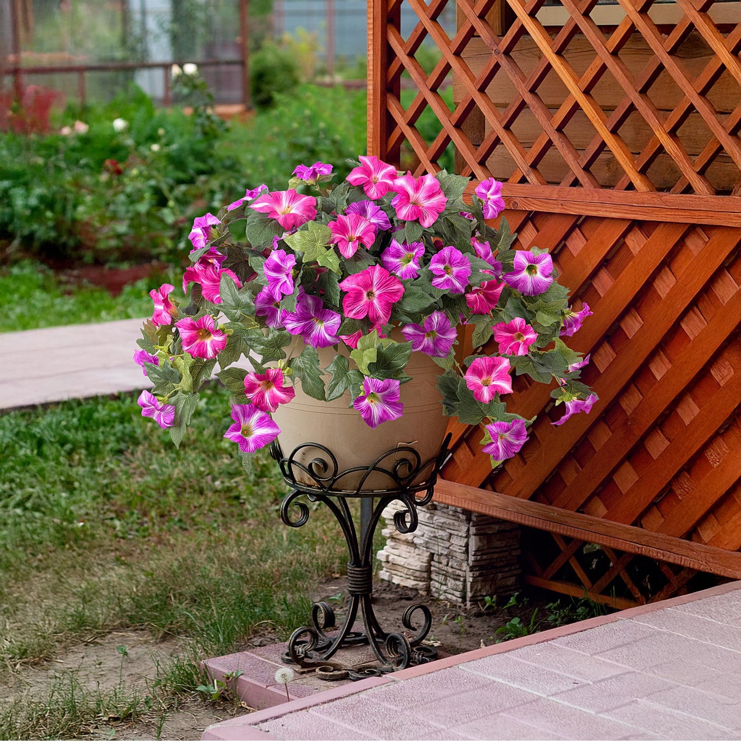 TETOU 2Pcs Artificial Fake Flowers , Faux Petunias Silk Flower UV Resistant No Fade for Spring Home Garden Balcony Yard Porch  Indoor Outdoor Decoration(Fuchsia Lotus)
