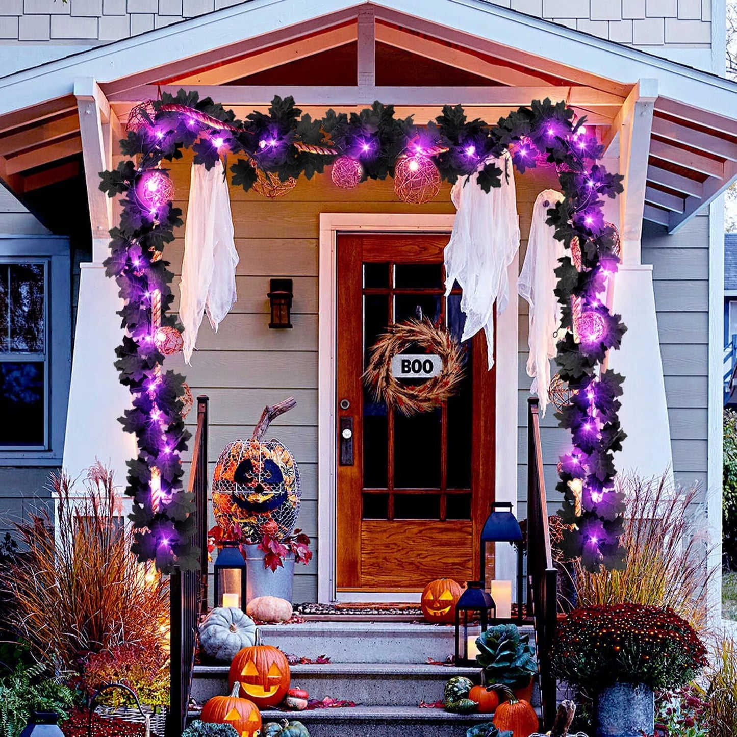 TETOU 2PCS Black Maple Leaf Garland with Purple Lights,5.7Ft Halloween Artificial Hanging Fall Leave Vines for Fall Halloween Party Home Mantle Wall Indoor Outdoor Decoration