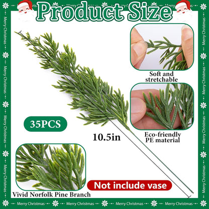 TETOU 45pcs Christmas Artificial Pine Branches & Artificial Red Berry Stems, Norfolk Pine Needles Picks for DIY Christmas Decoration Xmas Garland Fake Greenery Decor Indoor