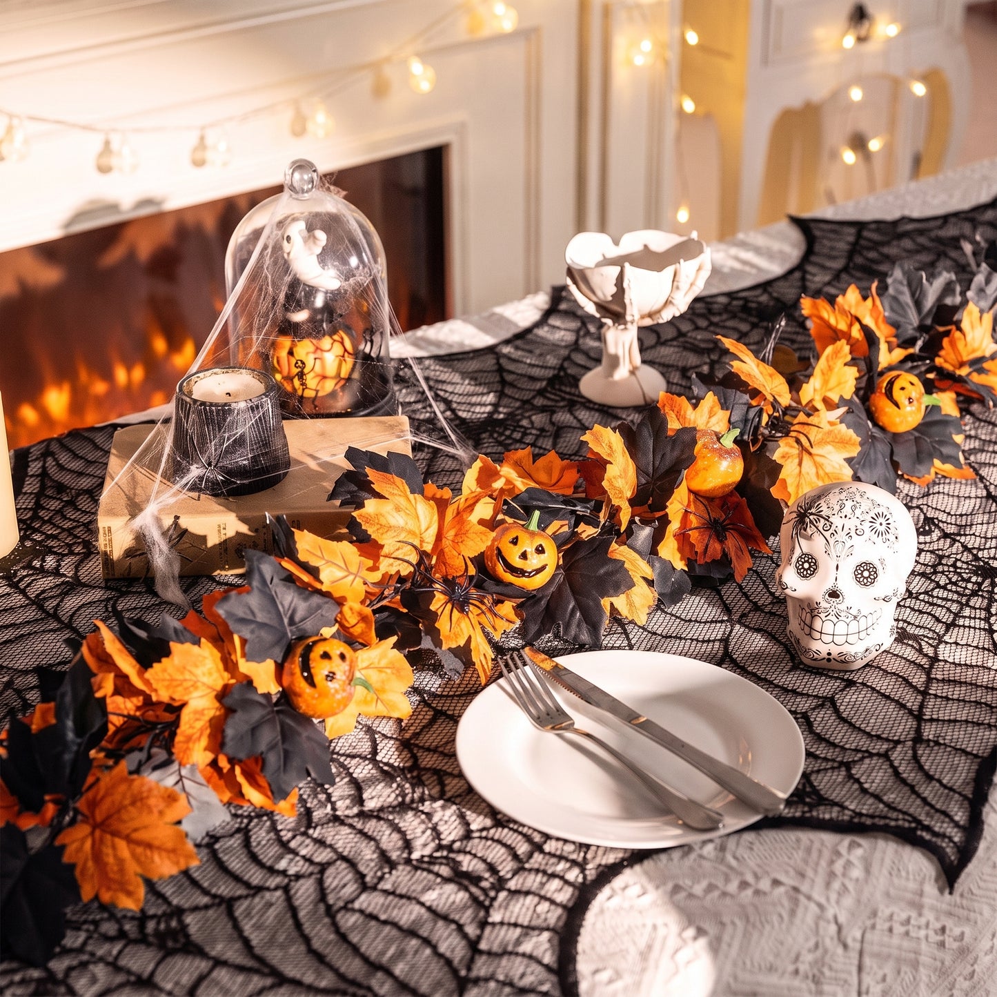 TETOU 2Pcs Fall Halloween Garland, 69" Halloween Pumpkin Maple Leaves Garland for Outdoor Indoor Fall Autumn Halloween Mantle Staircase Porch Party Decoration