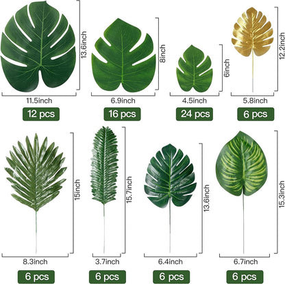 TETOU 82 Pieces 8 Kinds Artificial Tropical Palm Leaves Tropical Leaves Monstera Leaves Safari Jungle Leaf with Stems for Hawaiian Luau Party Beach Table Wedding Shower Birthday Theme Decorations