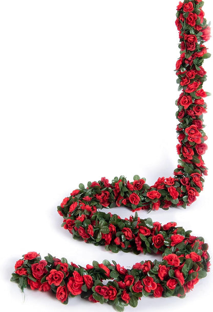 TETOU 6pcs Flower Garlands Artificial Rose Vine Flowers with Leaves 66ft Hanging Roses Vine for Room Wedding Birthday Christmas Wall Decor(Red)