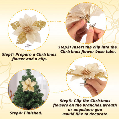 TETOU 36Pcs Gold Christmas Faux Flowers Ornaments, Xmas Artificial Glitter Poinsettia Flowers for Wedding New Year Christmas Tree Wreath Garland Decorations