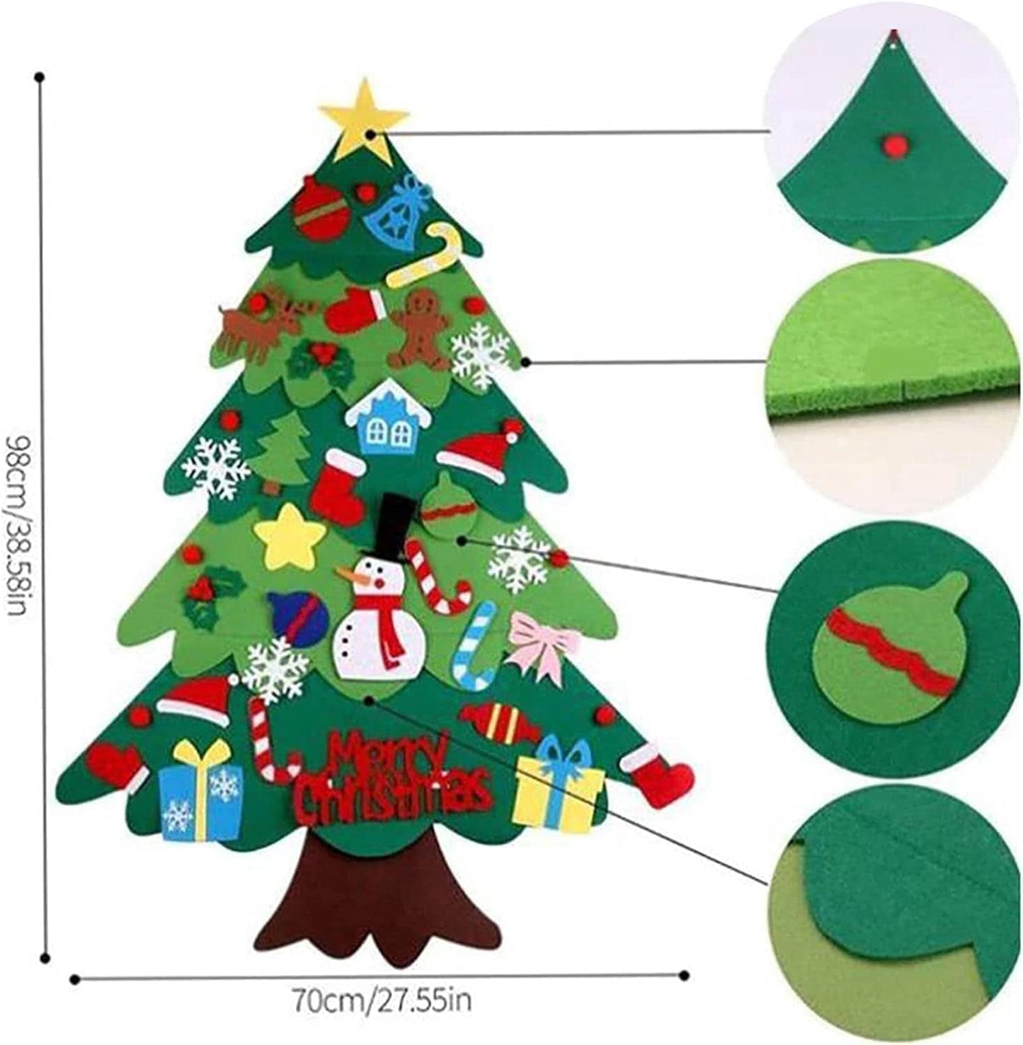 TETOU 3.2Ft Felt Christmas Tree for Toddlers,Felt Xmas Tree Set with String Lights, Christmas Decorations Indoor Wall Hanging Kids Gift