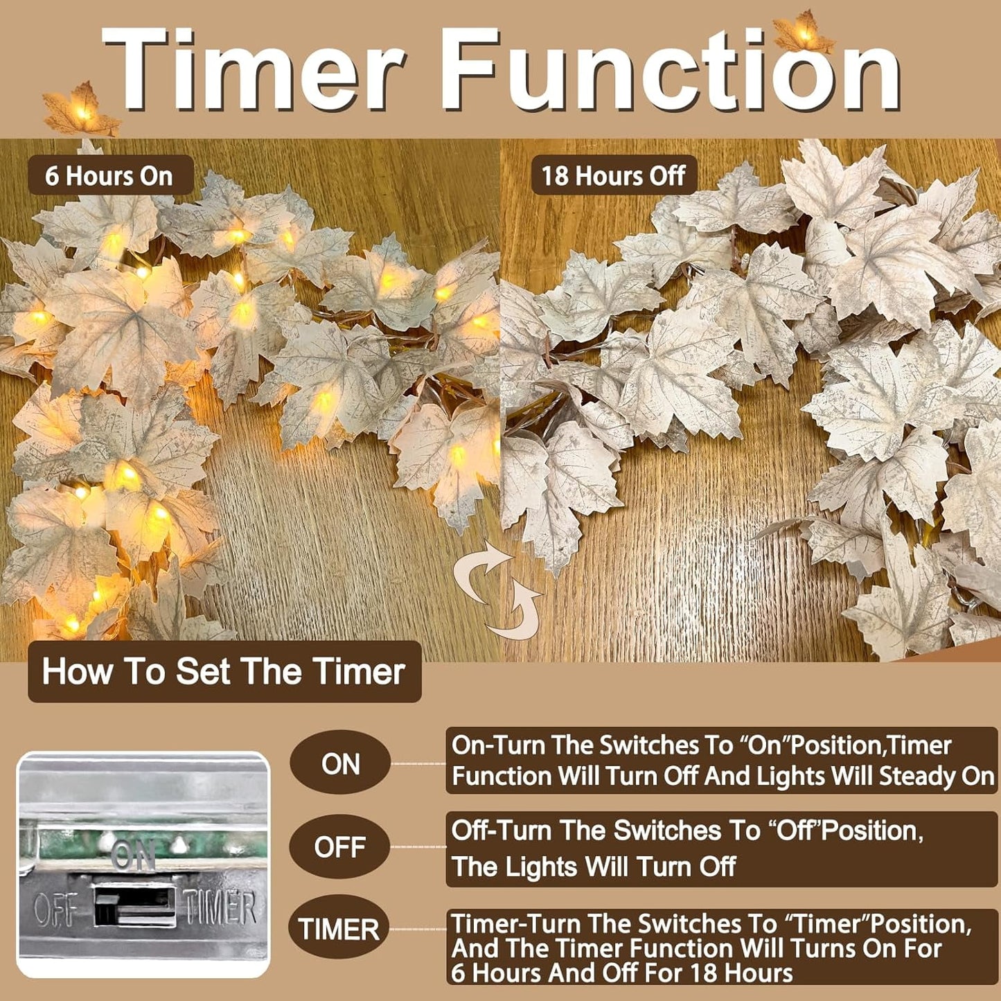 TETOU 2 Pack Fall Decor Fall Garland with Timer Lights,13Ft 40LED Battery Operated Lighted Maples Leaves Garland for Autumn Harvest Halloween Thanksgiving Indoor Outdoor Decoration