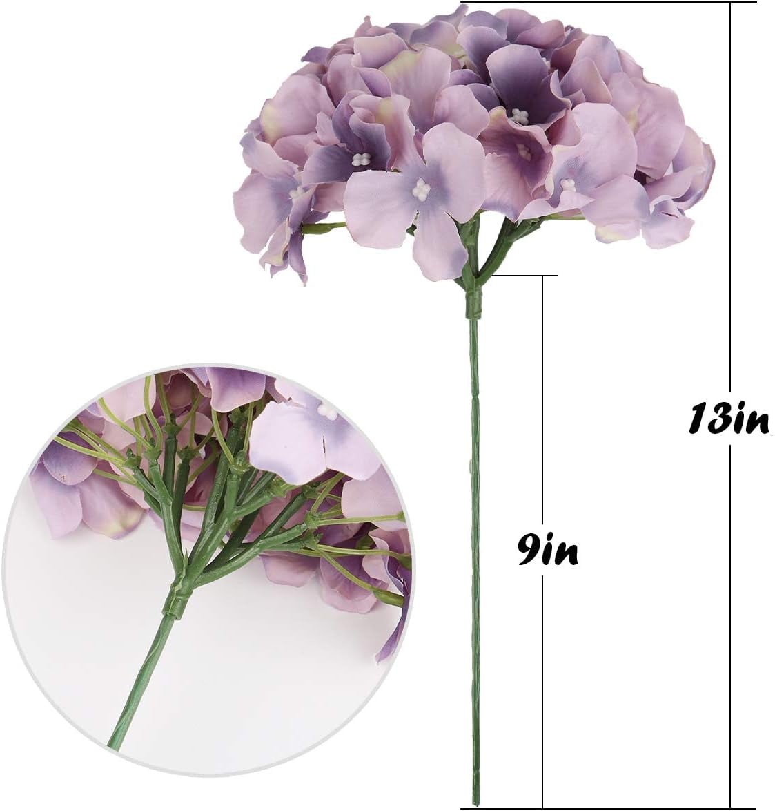 TETOU 10Pcs Silk Hydrangea Heads, Artificial Flowers Heads Fake Flower with Stems for Home Wedding Family Party Decoration - Dream Purple