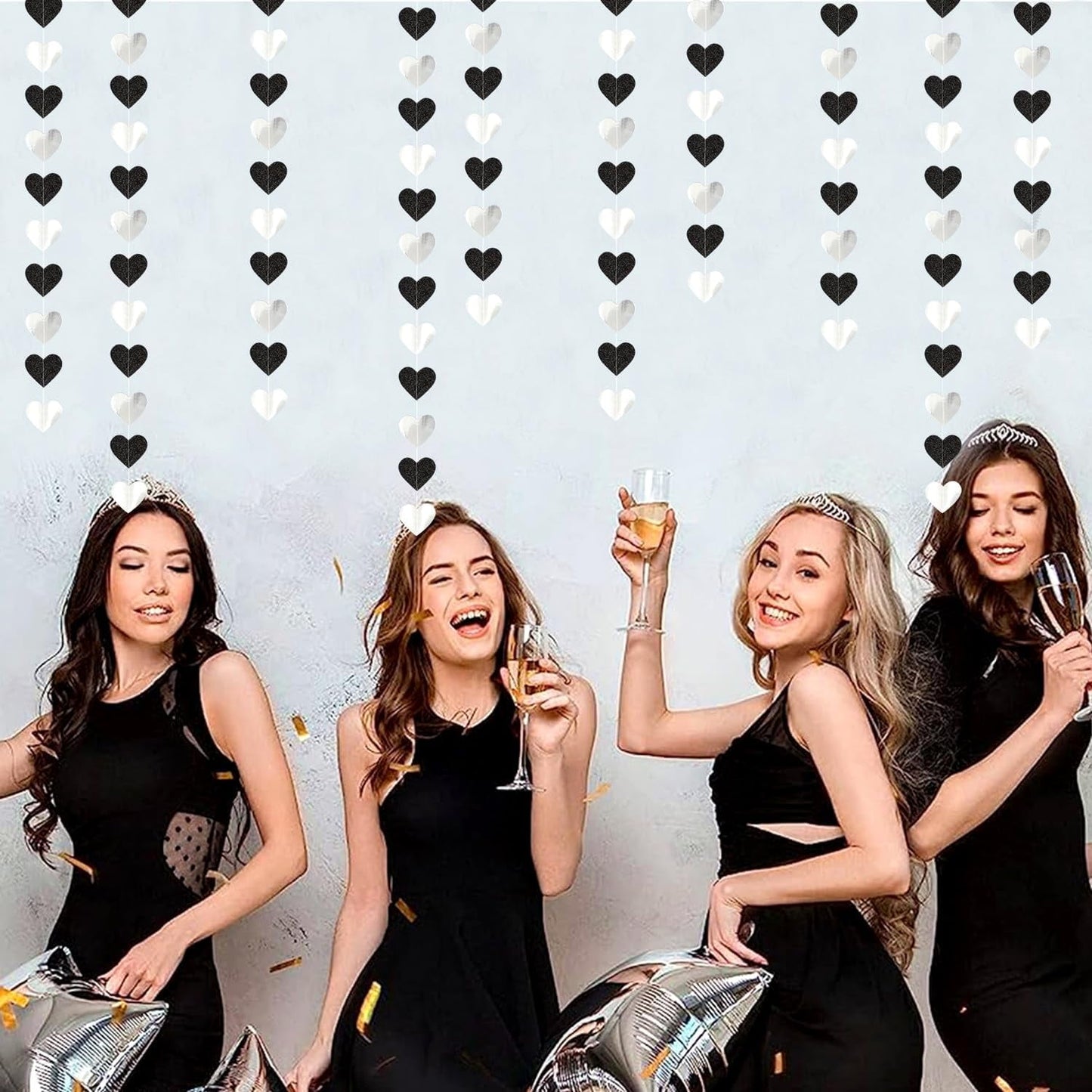 TETOU White-Black Champagne Party Decoration Heart Garland,52Ft Hanging Paper Backdrop Streamers for Birthday New Years Graduation Christmas Wedding Engagement Bachelorette Decoration