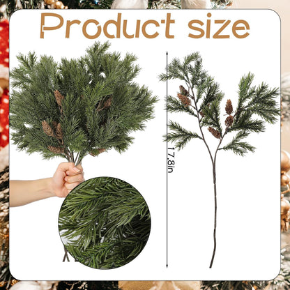 TETOU 6 Pcs Christmas Cedar Pine Branches,25.98 Inch Artificial Cedar Stems with Pine Cones Christmas Greenery Picks for Holiday Xmas Winter Wreath Garland Decor