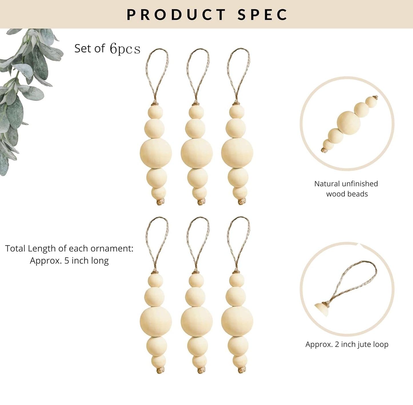TETOU Boho Christmas Tree Ornaments,6pcs Rustic Wooden Beads Natural Modern Minimalist Xmas Decorative for Home Christmas Tree Bohemian Holiday Decor