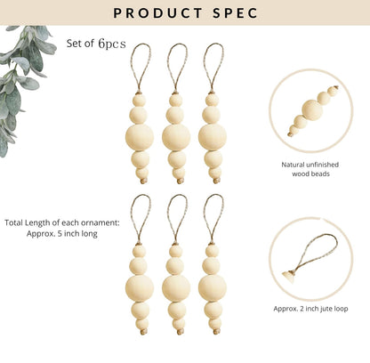 TETOU Boho Christmas Tree Ornaments,6pcs Rustic Wooden Beads Natural Modern Minimalist Xmas Decorative for Home Christmas Tree Bohemian Holiday Decor