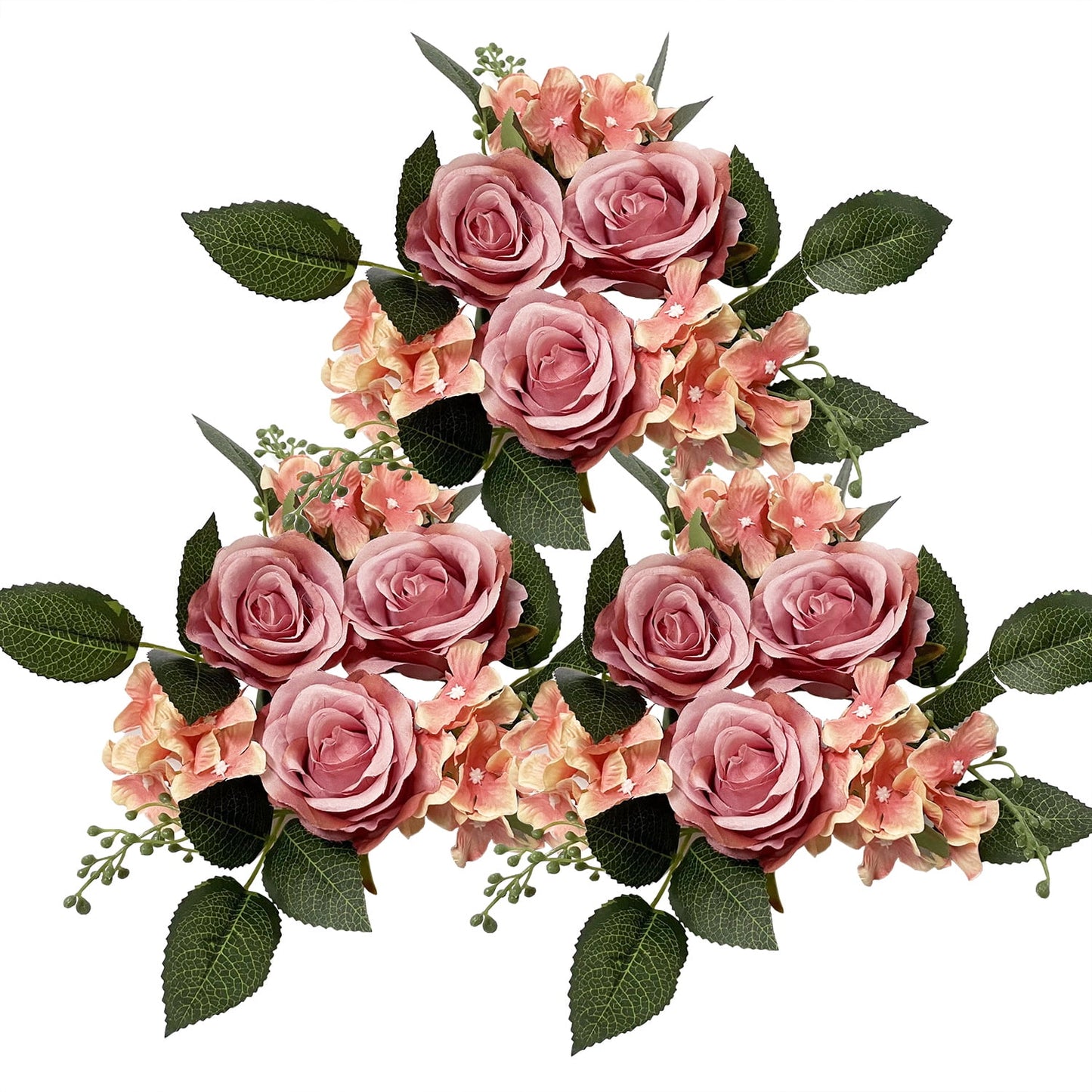 3 Pack Artificial Rose Candle Ring Flower Wreaths for Candlestick Wedding Table Decoration