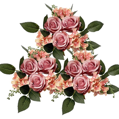 3 Pack Artificial Rose Candle Ring Flower Wreaths for Candlestick Wedding Table Decoration