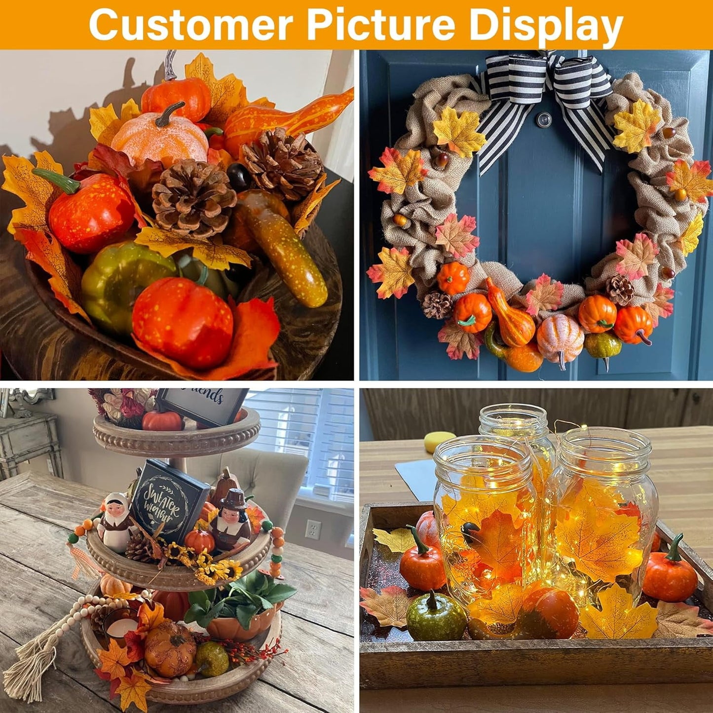 TETOU 50pcs Fall Pumpkins Decor Set,Mini Artificial Pumpkins Fall Leaves Cones Acorns Decorations for Halloween Thanksgiving Home Autumn  Harvest Farmhouse Table Decor