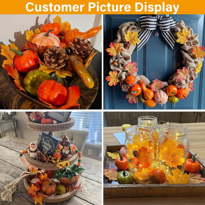 TETOU 50pcs Fall Pumpkins Decor Set,Mini Artificial Pumpkins Fall Leaves Cones Acorns Decorations for Halloween Thanksgiving Home Autumn  Harvest Farmhouse Table Decor