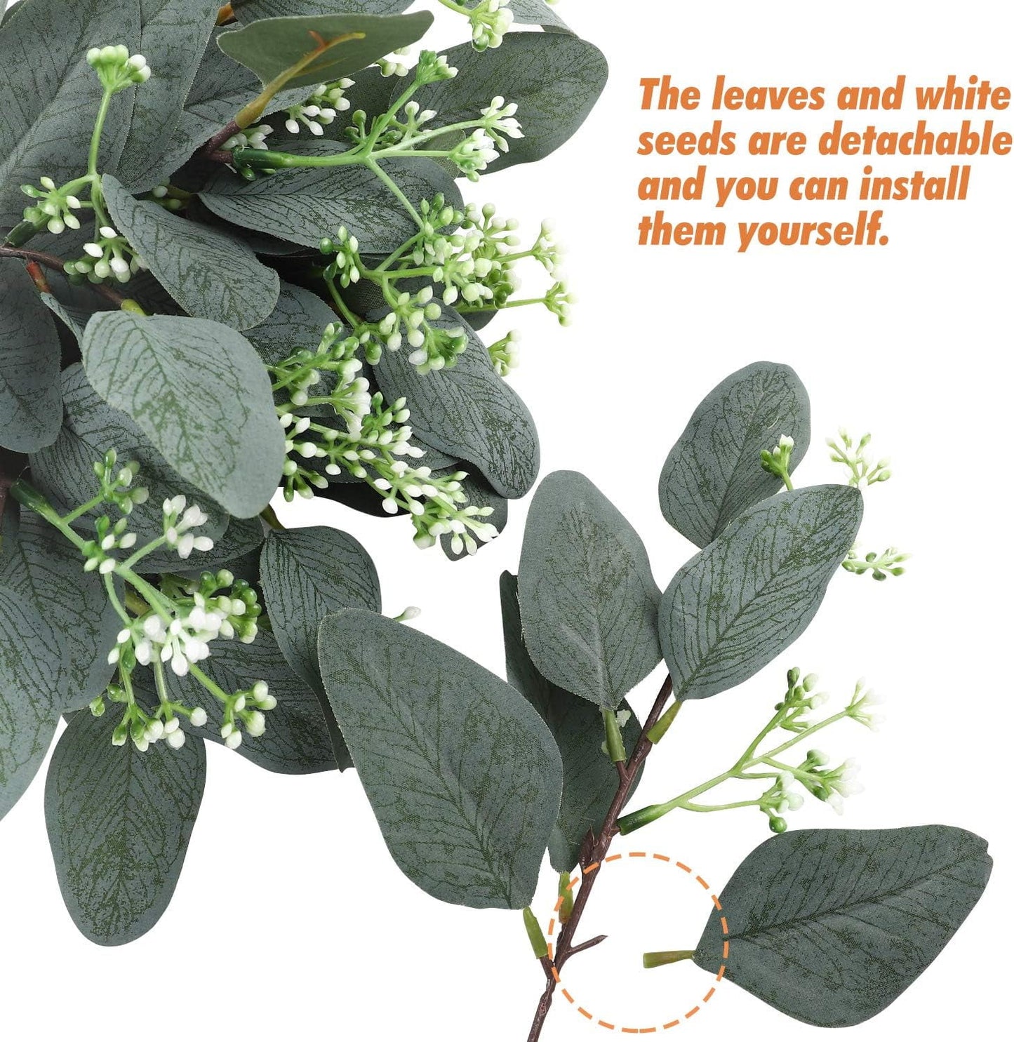 TETOU 24pcs Artificial Eucalyptus Leaves Stems with White Seeds Greenery Plants Flower Arrangement Wedding Home Decor