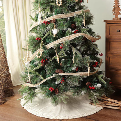 TETOU 36In Knitted Christmas Tree Skirt, Cream White Tree Skirt, Braided Cable Knit Thick Rustic Christmas Tree Decorations, Farmhouse Christmas Decor Xmas Holiday Home Party Decorations