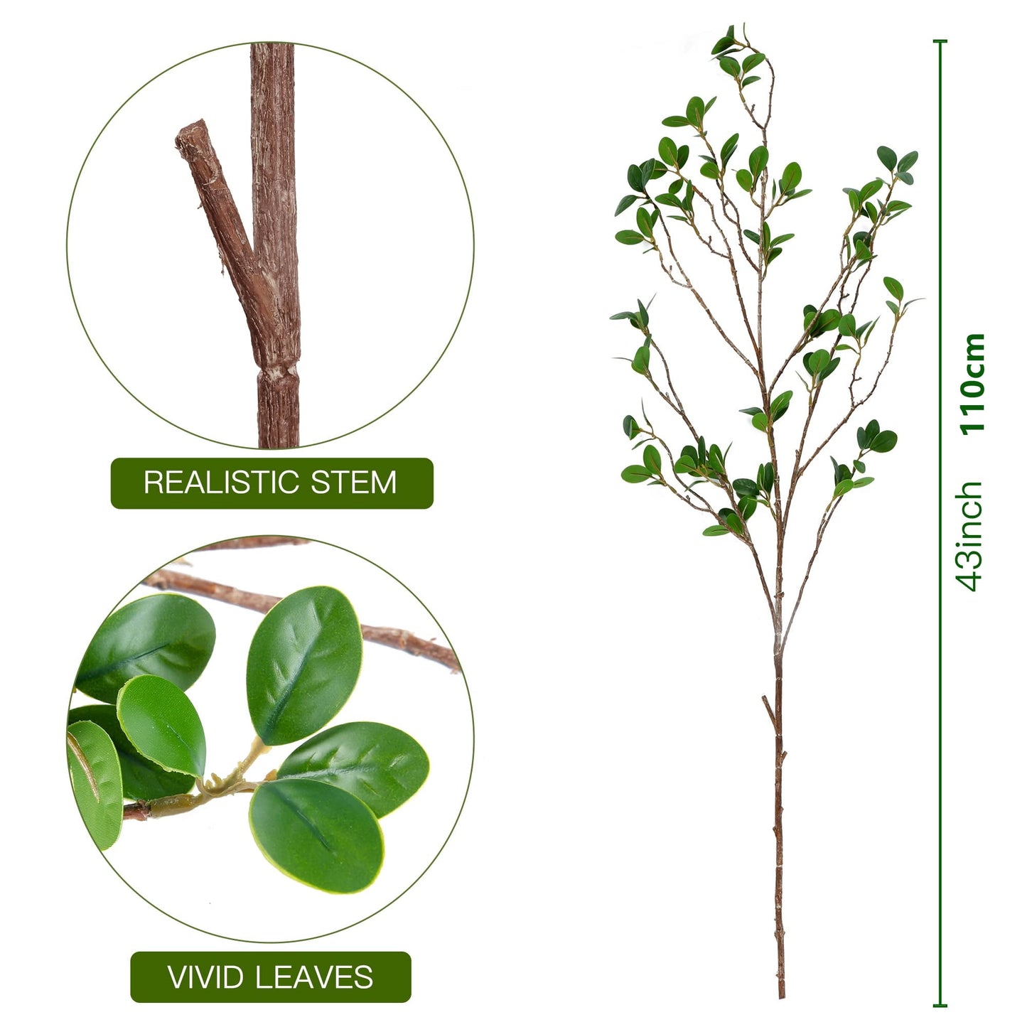 TETOU 4pcs Artificial Ficus Branches 43" Faux Leaf Spray Green Eucalytus Greenery Stems Home Office Vase Filler Decor