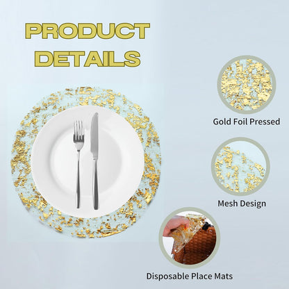 TETOU 12Pcs Disposable Gold Placemats, 13" Gold Foil Mesh Pressed Fall Table Mates Gold Doilies for Dining Table Wedding Birthday Party Holiday Home Decor