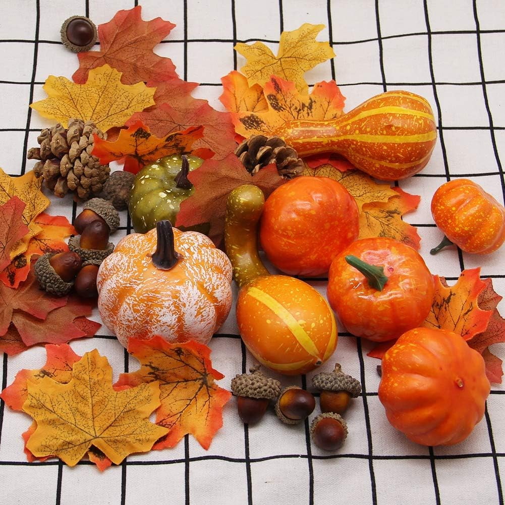 TETOU 50pcs Fall Pumpkins Decor Set,Mini Artificial Pumpkins Fall Leaves Cones Acorns Decorations for Halloween Thanksgiving Home Autumn  Harvest Farmhouse Table Decor