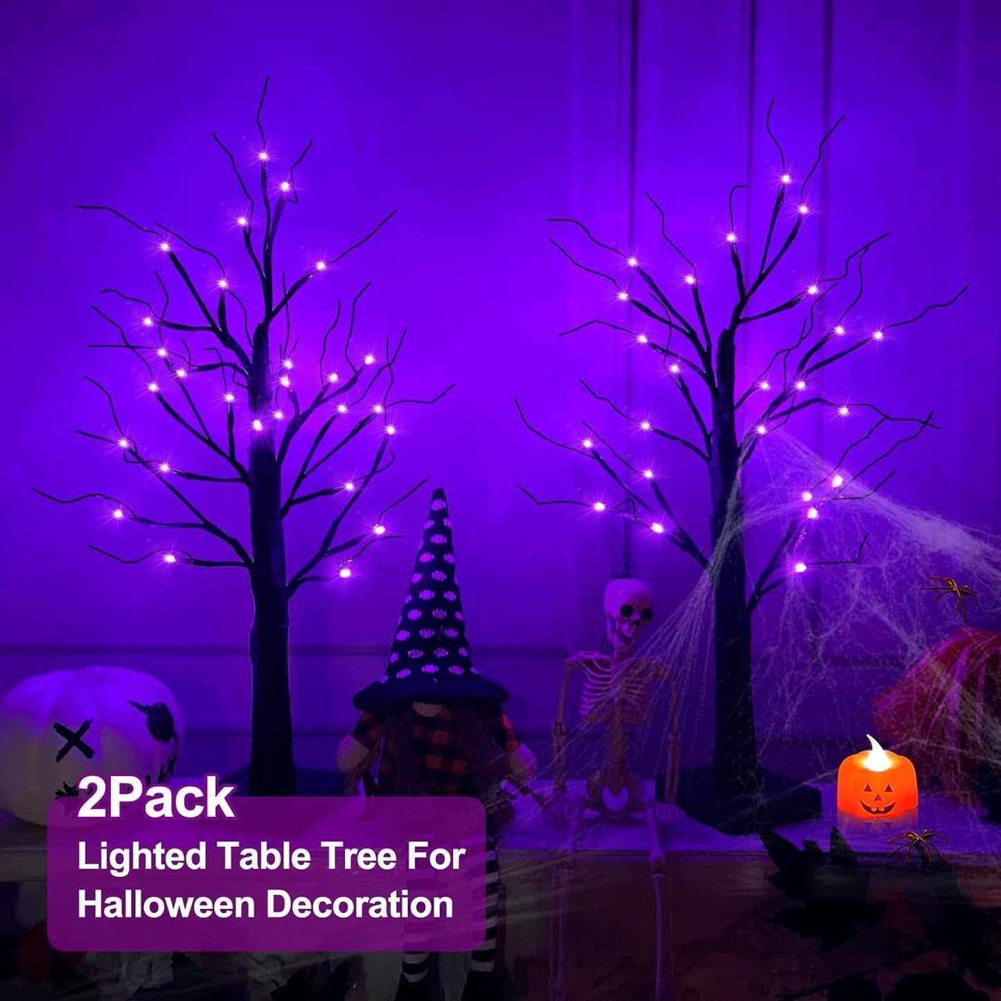 TETOU 2pcs-24inch Halloween Lighted Birches Tree,Total 24 LED Battery Operated Artificial Black Spooky Tree with Timer Hallowe'en Decoration for Fall Home,Bedroom,Office,Wedding,Indoor Party-Purple
