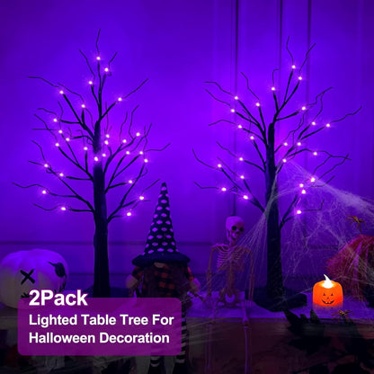 TETOU 2pcs-24inch Halloween Lighted Birches Tree,Total 24 LED Battery Operated Artificial Black Spooky Tree with Timer Hallowe'en Decoration for Fall Home,Bedroom,Office,Wedding,Indoor Party-Purple