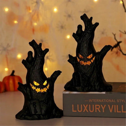 TETOU 3Pcs Halloween Ghost Tree Stump Light, Halloween Flameless LED Candle Holder Lights Battery Operated for Hallowe'en Party Table Home Spooky Decor - Black(Warm Light)