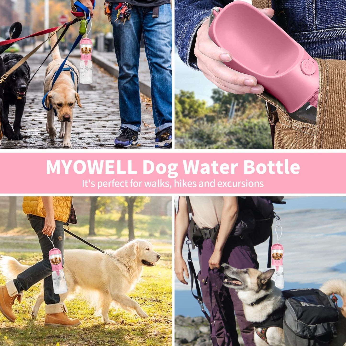 TETOU Dog Water Bottle with Food Container, 19oz Portable Pet Dispenser, Travel Puppy Water Bowl for Dog Cat Pet - Pink