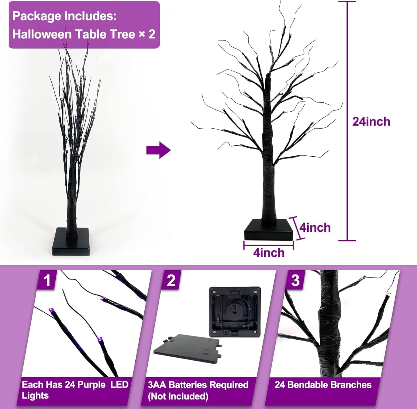 TETOU 2pcs-24inch Halloween Lighted Birches Tree,Total 24 LED Battery Operated Artificial Black Spooky Tree with Timer Hallowe'en Decoration for Fall Home,Bedroom,Office,Wedding,Indoor Party-Purple