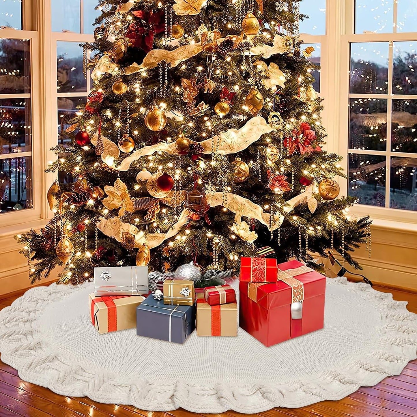TETOU Knitted Christmas Tree Skirt 48 inches White Tree Skirt Rustic Christmas Tree Decorations Holiday Party Decor