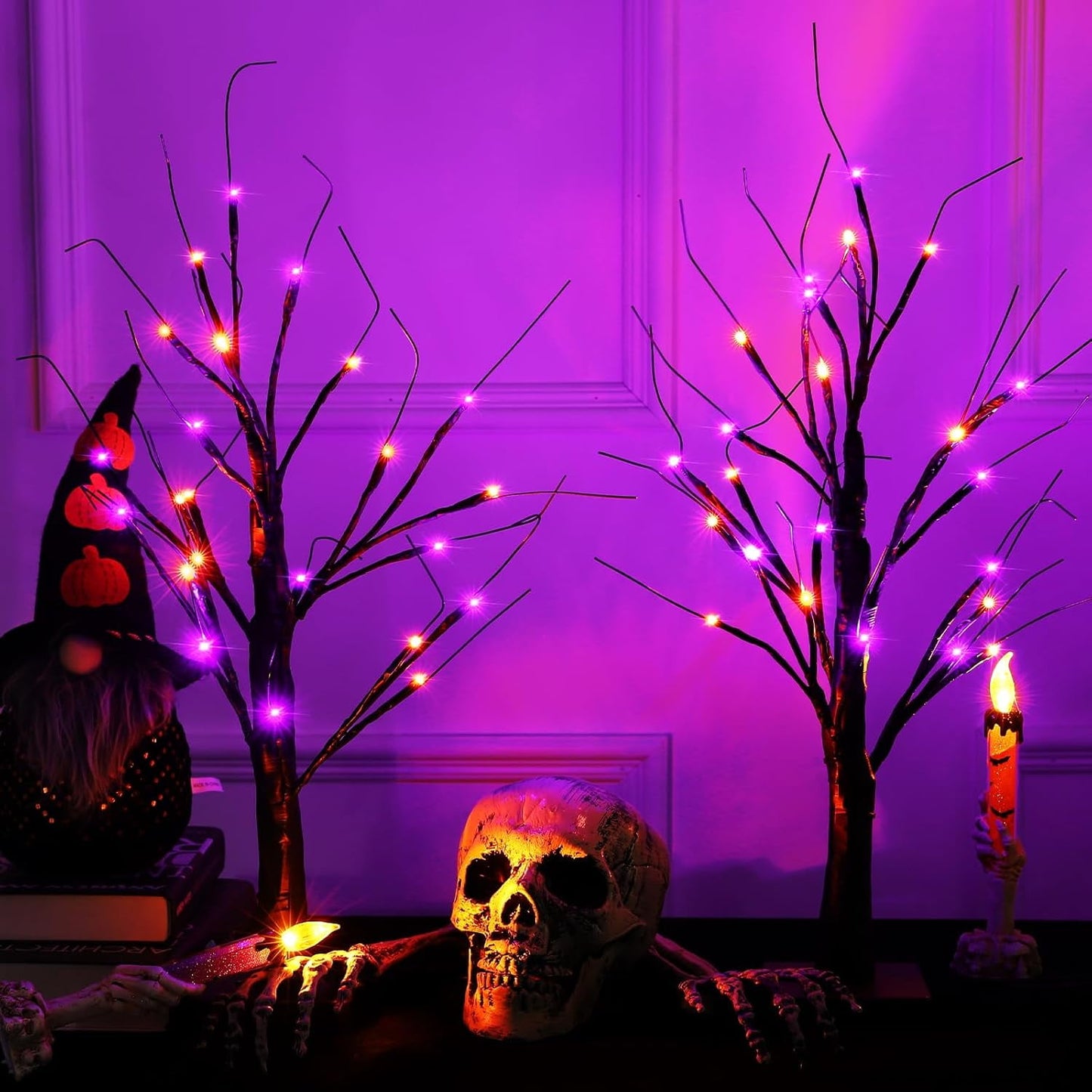 TETOU 2pcs-24'' Halloween Lighted Birches Tree,Total 24 LED Battery Operated Artificial Black Spooky Tree with Timer Halloween Decoration for Fall Home Bedroom Wedding Indoor Party-Orange Purple