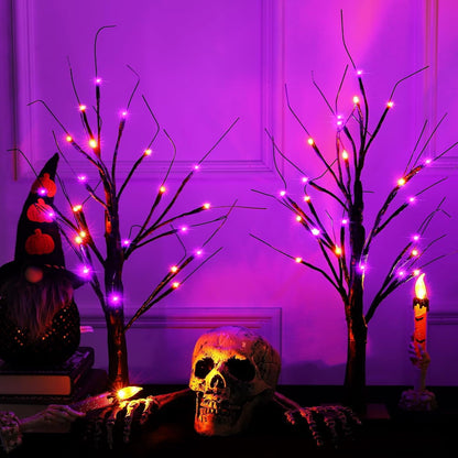 TETOU 2pcs-24'' Halloween Lighted Birches Tree,Total 24 LED Battery Operated Artificial Black Spooky Tree with Timer Halloween Decoration for Fall Home Bedroom Wedding Indoor Party-Orange Purple