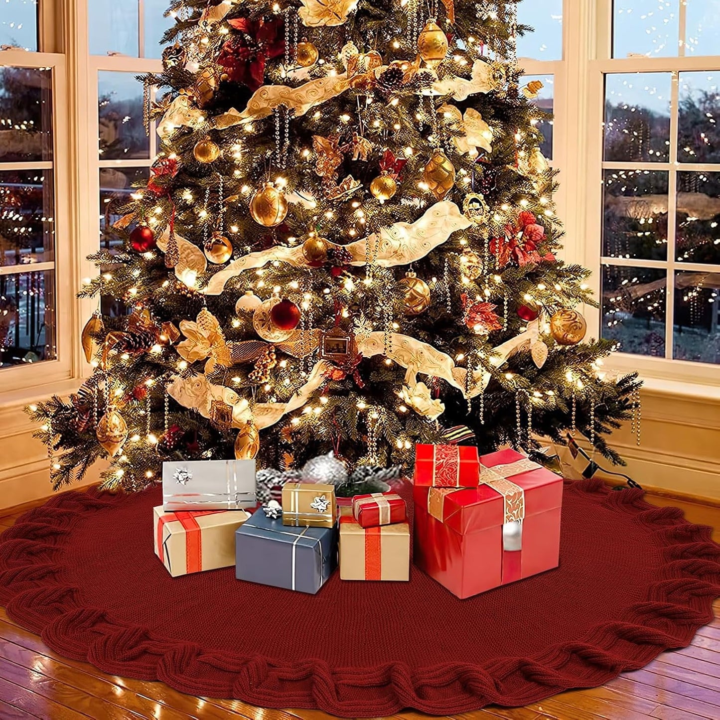 TETOU Knitted Christmas Tree Skirt 36in Red Tree Skirt Rustic Christmas Tree Decorations Xmas Holiday Party Decor