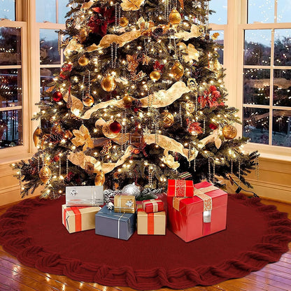 TETOU Knitted Christmas Tree Skirt 36in Red Tree Skirt Rustic Christmas Tree Decorations Xmas Holiday Party Decor