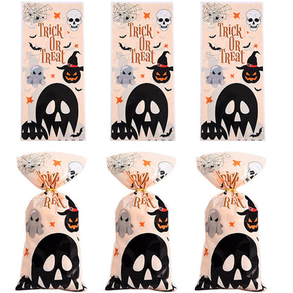 TETOU 50Pcs Halloween Cellophane Treat Bags, 4.92*10.93" Multi Color Candy Bags Bats Pumpkin and Witch Halloween Goody Bags with Twist Ties for Snacks Cookies Packing Halloween Party Favor
